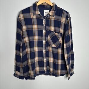 Aerie Women's Navy Blue + Peach‎ Button Front Super Soft Flannel Shirt Size S